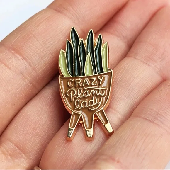 Potted Sansevieria Plant On A Stand “Crazy Plant Lady” Metal Enamel Pin Brooch - Picture 3 of 11
